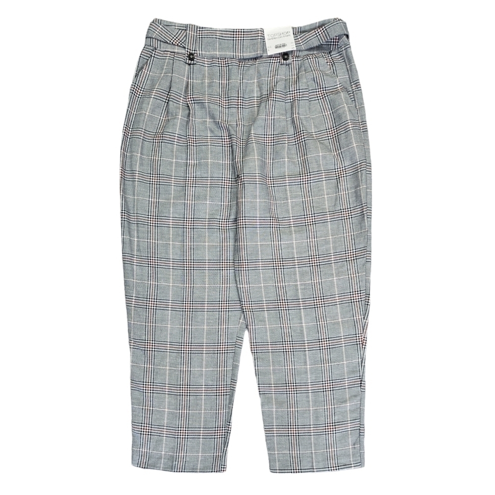 Topshop NWT Linen Blend Gray Plaid Tapered Leg High Rise Crop Pants Academia